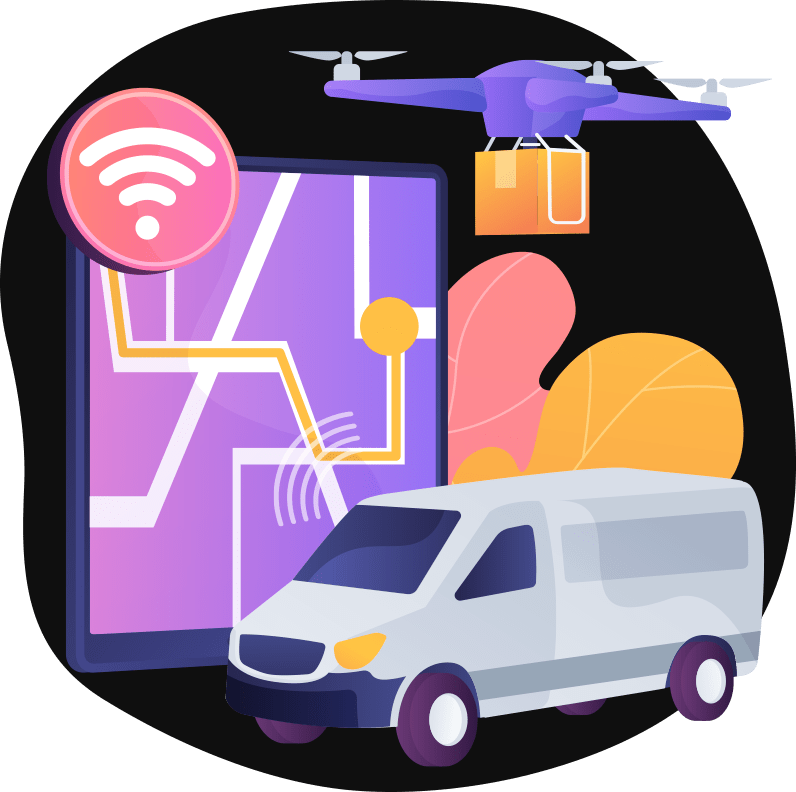 A delivery drone over a mapped route, tracked from a handset