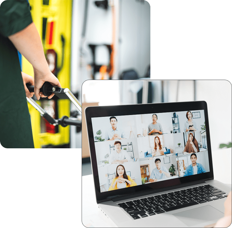 A laptop carrying a grid of faces on a video call