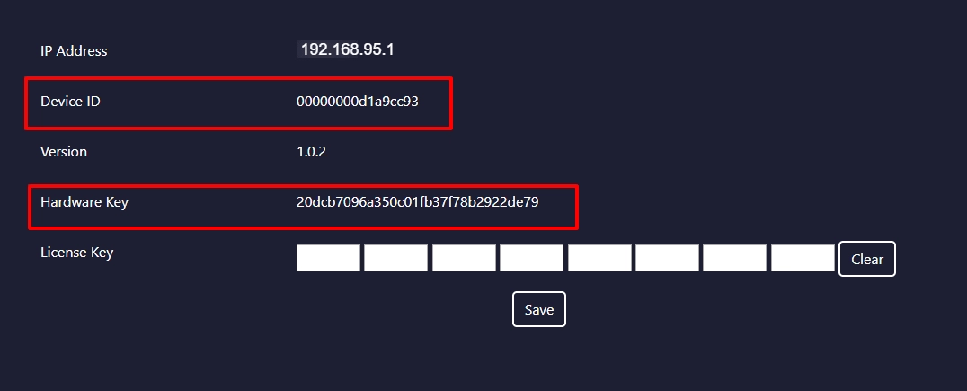 Device interface showing IP Address, Device ID, Version, Hardware Key and the License Key field