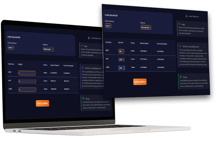 The load balancer screen showing interfaces, weights and speeds