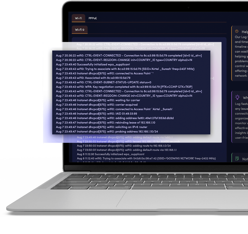 The Instanet log screen listing WiFi and PPPoE sessions with their start and end times