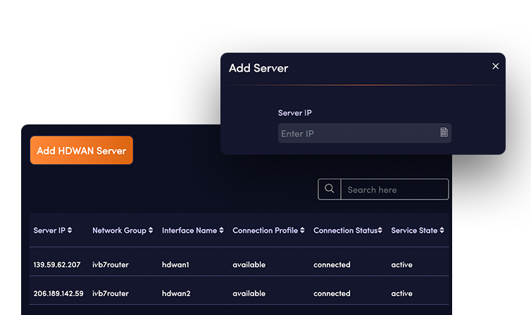 The HDWAN server screen, adding a server by IP