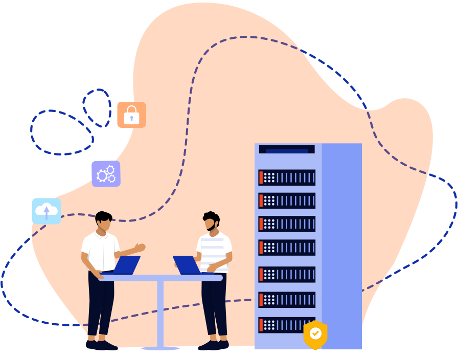 Two engineers at a rack of INSTACORE servers