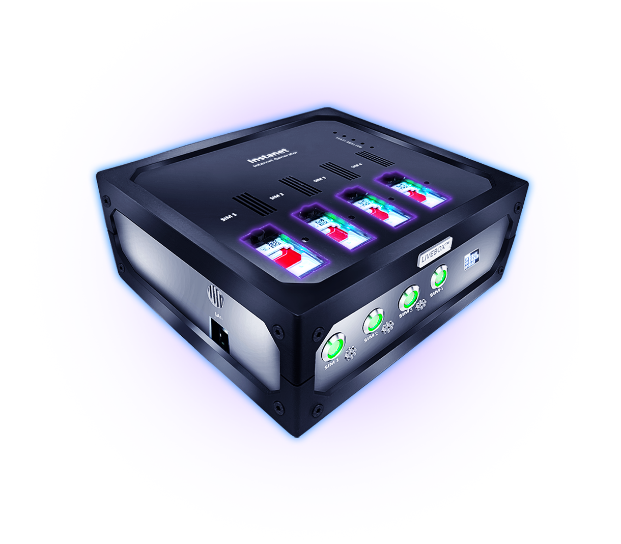 The Instanet bonding router, its SIM slots, USB ports and status displays called out